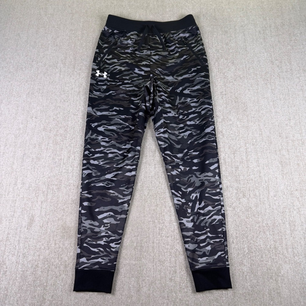 Under Armour Joggers Boys Medium Gray Camo Athletic Pants Drawstring Zip Pockets